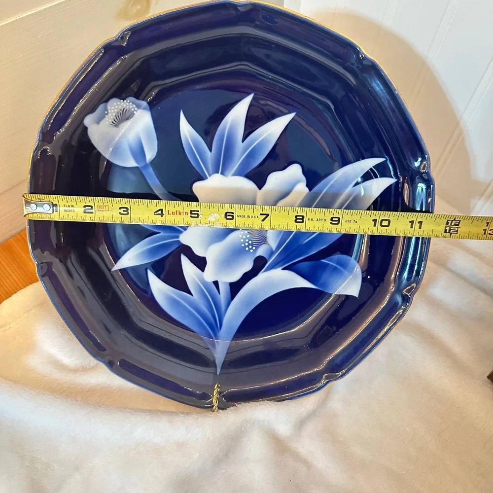 Vintage Japanese Fukagawa 11.5 Platter Bowl Cobalt Blue White Floral Gold Border